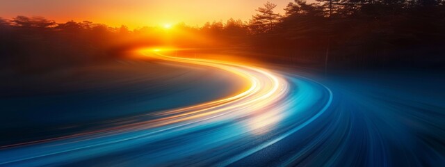 Poster -   a road with the sun setting behind it and trees lining the sides