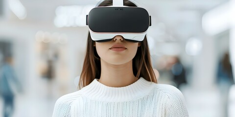 Wall Mural - Shopping with VR Glasses A Futuristic Woman in a Modern Mall Setting. Concept Futuristic Fashion, Virtual Reality Shopping, Modern Mall Scene, Tech-savvy Woman, Trendy Outfits