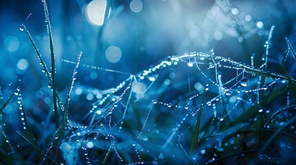 Wall Mural - beautiful natural background with necklace of water droplets on a cobweb in grass in spring of summe