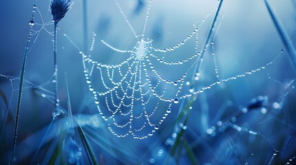 Wall Mural - beautiful natural background with necklace of water droplets on a cobweb in grass in spring of summe