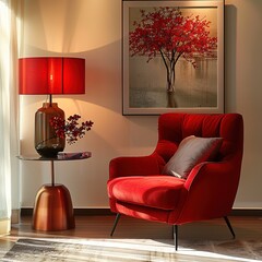 Wall Mural - Designer lamp above copper table next to red armchair in bright apartment interior