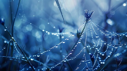 Wall Mural - beautiful natural background with necklace of water droplets on a cobweb in grass in spring of summe