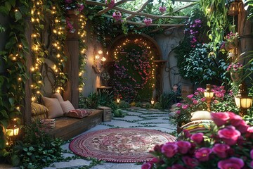 Enchanted Garden Retreat with a lush indoor garden, vine-covered walls, fairy lights, and a magical, nature-inspired design. Enchanted garden home decor.