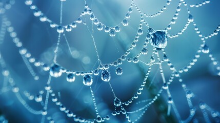 Wall Mural - beautiful natural background with necklace of water droplets on a cobweb in grass in spring of summe