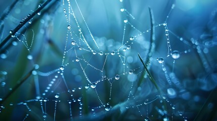 Wall Mural - beautiful natural background with necklace of water droplets on a cobweb in grass in spring of summe