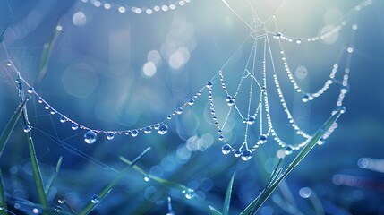 Wall Mural - beautiful natural background with necklace of water droplets on a cobweb in grass in spring of summe