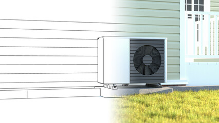 Installing a heatpump concept - from planning to completion. Cross fading from an engineering drawing to a realistic scene of a heatpump mounted to a concrete base  on the outside of a house.