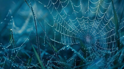 Wall Mural - beautiful natural background with necklace of water droplets on a cobweb in grass in spring of summe