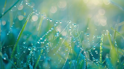 Wall Mural - beautiful natural background with necklace of water droplets on a cobweb in grass in spring of summe