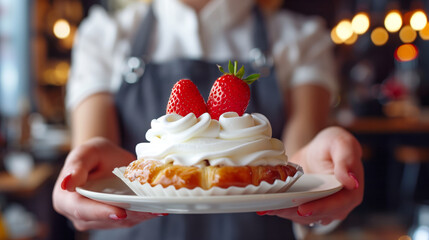 waitress delicately serves a pastry topped with white frosting and two small strawberries