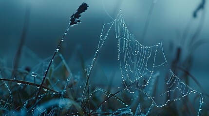 Wall Mural - beautiful natural background with necklace of water droplets on a cobweb in grass in spring of summe