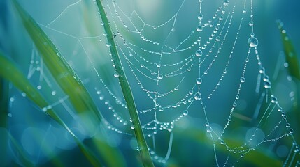 Wall Mural - beautiful natural background with necklace of water droplets on a cobweb in grass in spring of summe