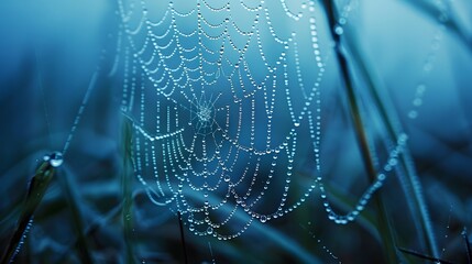 Wall Mural - beautiful natural background with necklace of water droplets on a cobweb in grass in spring of summe
