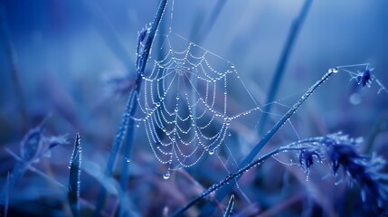 Wall Mural - beautiful natural background with necklace of water droplets on a cobweb in grass in spring of summe