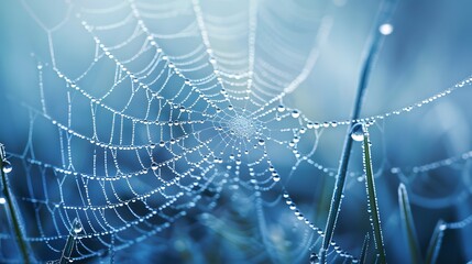 Wall Mural - beautiful natural background with necklace of water droplets on a cobweb in grass in spring of summe