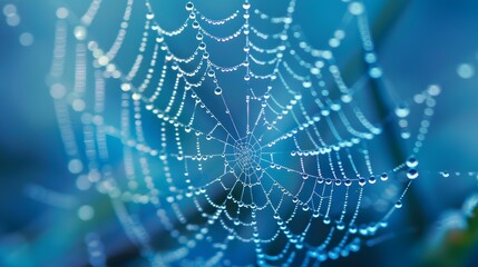 Wall Mural - beautiful natural background with necklace of water droplets on a cobweb in grass in spring of summe