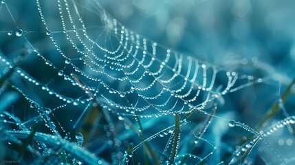 Wall Mural - beautiful natural background with necklace of water droplets on a cobweb in grass in spring of summe