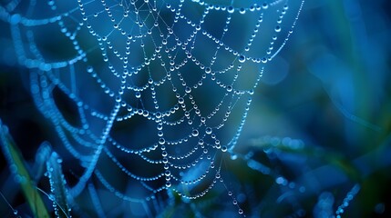 Wall Mural - beautiful natural background with necklace of water droplets on a cobweb in grass in spring of summe