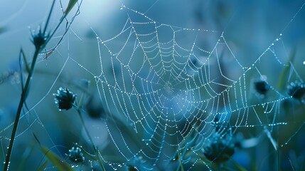 Wall Mural - beautiful natural background with necklace of water droplets on a cobweb in grass in spring of summe
