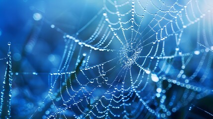 Wall Mural - beautiful natural background with necklace of water droplets on a cobweb in grass in spring of summe