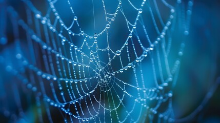Wall Mural - beautiful natural background with necklace of water droplets on a cobweb in grass in spring of summe