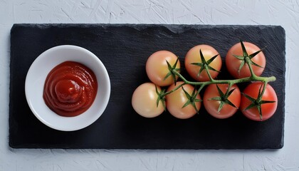 Fresh tomato sauce in jar beside whole raw red tomatoes