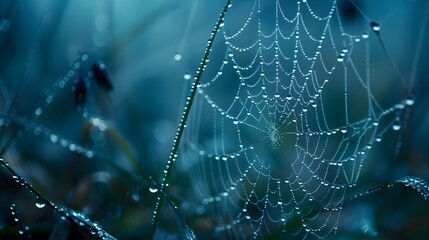 Wall Mural - beautiful natural background with necklace of water droplets on a cobweb in grass in spring of summe