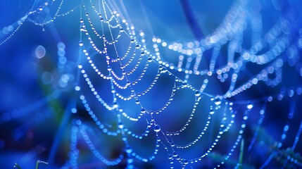 Wall Mural - beautiful natural background with necklace of water droplets on a cobweb in grass in spring of summe