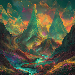 An otherworldly landscape where towering, iridescent mountains soar into a kaleidoscopic sky ablaze with hues of emerald green, sapphire blue, and fiery orange