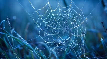 Wall Mural - beautiful natural background with necklace of water droplets on a cobweb in grass in spring of summe