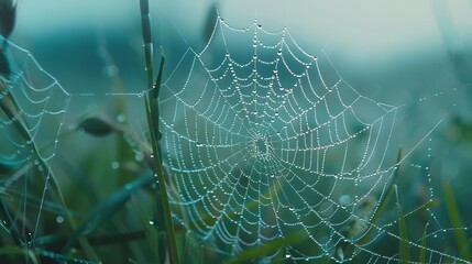 Wall Mural - beautiful natural background with necklace of water droplets on a cobweb in grass in spring of summe