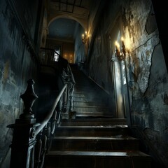 Poster - A dark hallway with a staircase leading up to a door