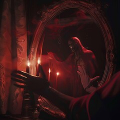 Wall Mural - A person is holding a candle in front of a mirror