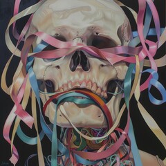 Poster - A skull with colorful ribbons wrapped around it