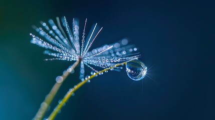 Beautiful shiny dew water drop on dandelion seed in nature macro. Soft selective focus, sparkling bokeh. Dark blue green background. 