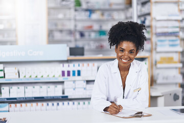 Wall Mural - Black woman, pharmacist and clipboard for portrait in clinic with medicine stock, information and pill prescription. Smile, female person and documents for pharmaceutical history, inventory and order