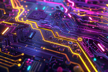 Wall Mural - A futuristic chip with purple and orange lighting, centered on an abstract circuit board background. The design incorporates elements of high-tech machinery, glowing lights,