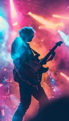 Wall Mural - Electric Guitarist Performing Live On Stage, Surrounded by Vibrant Lights and Enthusiastic Audience