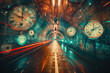 © ungvar - Time travel traffic is captured in hyperspace tunnel lined with clocks surreal visual manner AI Generative