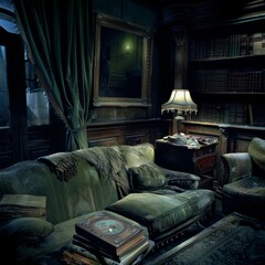 Wall Mural - A dark room with a green couch and a lamp