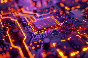 Wall Mural - A high-tech circuit board with glowing neon lines and microchips, representing advanced technology in the field of computer engineering.