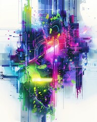 Wall Mural - Colorful abstract digital art with vibrant geometric shapes and dynamic splashes of paint on a white background.