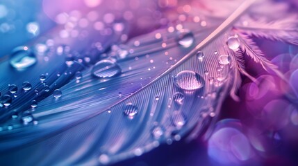 Wall Mural - beautiful transparent drops of rain water on a feather on a blue and violet background, macro, copy 