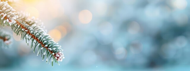  A tight shot of a pine tree branch dusted with snow, behind it, lights are softly blurred in the background