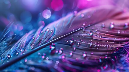 Wall Mural - beautiful transparent drops of rain water on a feather on a blue and violet background, macro, copy 