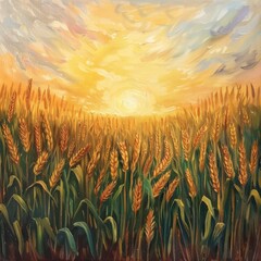 Wall Mural - A painting of a field of wheat with a sun in the sky