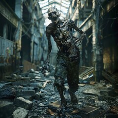 Canvas Print - A zombie man is walking through a ruined city