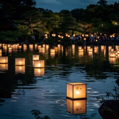 Wall Mural - A large body of water is lit up with many lanterns floating on it