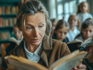 Poster - A woman is reading a book in a library. AI.