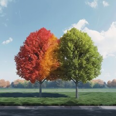 Two trees with leaves of different colors, one red and one green